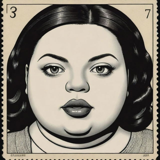 Generate three individual portraits of obese robot girls, in the distinct noir style of Charles Burns, each designed to fit on a stamp