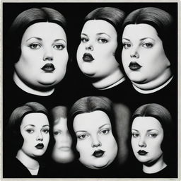 Generate three individual portraits of obese robot girls, in the distinct noir style of Charles Burns, each designed to fit on a stamp