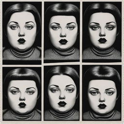 Generate three individual portraits of obese robot girls, in the distinct noir style of Charles Burns, each designed to fit on a stamp