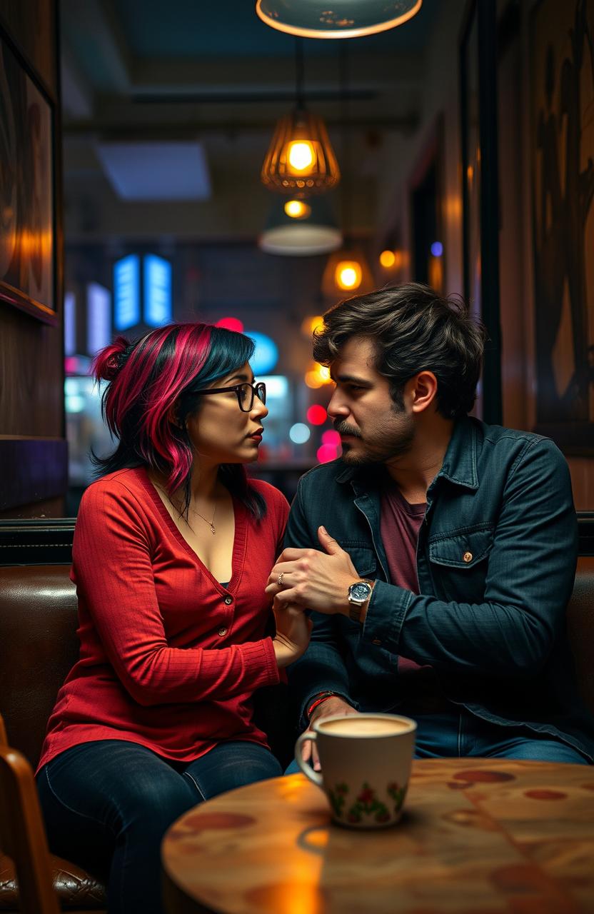 A couple sitting in a dimly lit café, sharing intense gazes that suggest a deep, complicated relationship