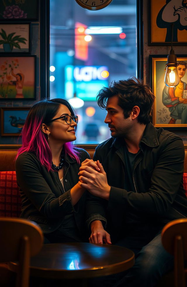 A couple sitting in a dimly lit café, sharing intense gazes that suggest a deep, complicated relationship