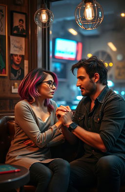 A couple sitting in a dimly lit café, sharing intense gazes that suggest a deep, complicated relationship