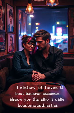 A couple sitting in a dimly lit café, sharing intense gazes that suggest a deep, complicated relationship
