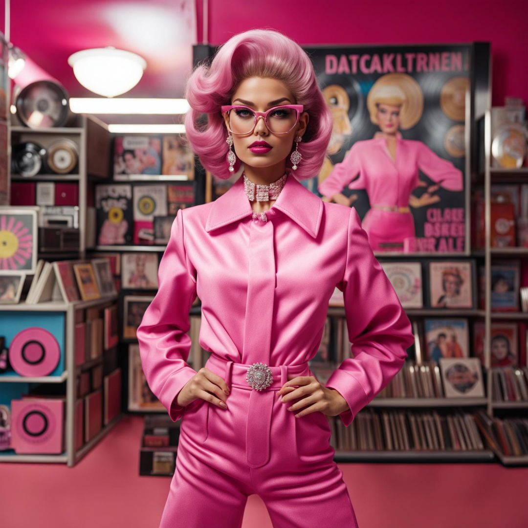 A different model in a unique Barbie-inspired outfit, set against a vintage backdrop with a pink aesthetic