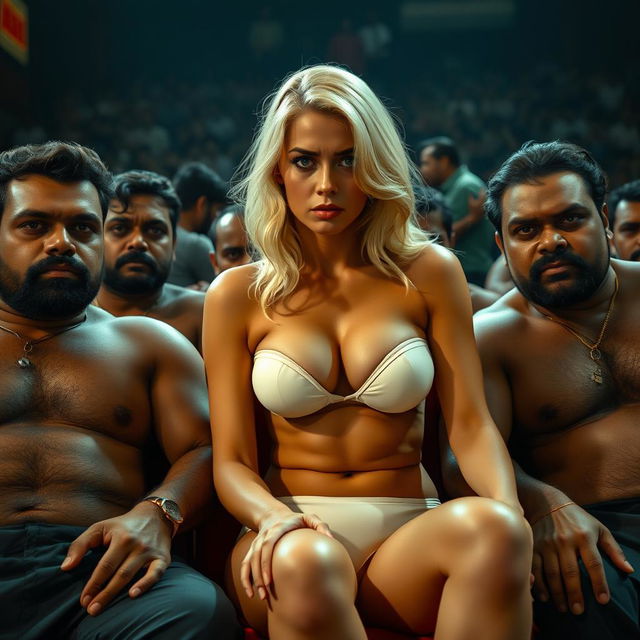 A terrified and sad blonde woman with big breasts in a strapless bikini, showcasing her cleavage