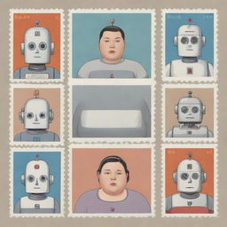 Create three individual portraits of obese, mixed-race robot girls, drawn in the distinct illustration style of Chris Ware