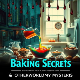 A table filled with various baking ingredients and baked goods, with a measuring cup pouring multi-colored liquid into a bowl at the center, which contains a noticeable realistic portal