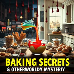 A table filled with various baking ingredients and baked goods, with a measuring cup pouring multi-colored liquid into a bowl at the center, which contains a noticeable realistic portal