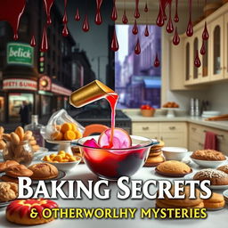 A table filled with various baking ingredients and baked goods, with a measuring cup pouring multi-colored liquid into a bowl at the center, which contains a noticeable realistic portal