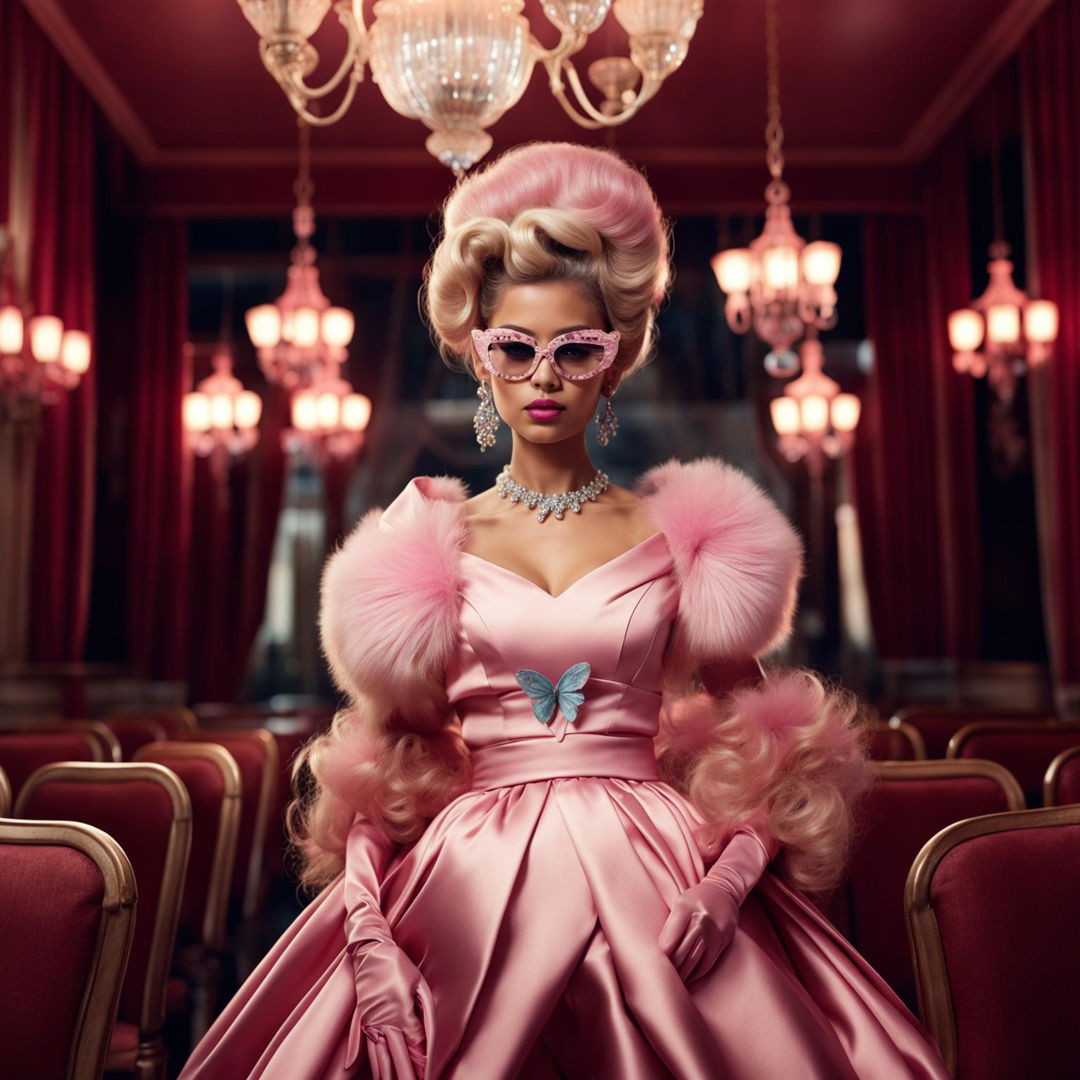 A new model in a distinct Barbie-inspired outfit, set within a vintage environment with a pink aesthetic