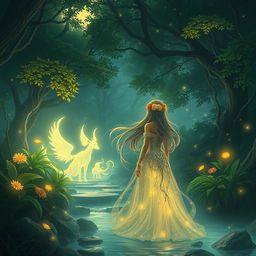 A fantasy scene featuring a mystical forest with glowing plants and ethereal creatures, bathed in a moonlit glow