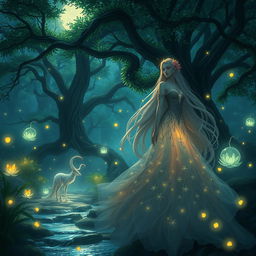 A fantasy scene featuring a mystical forest with glowing plants and ethereal creatures, bathed in a moonlit glow