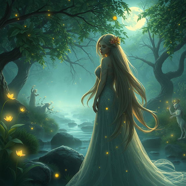 A fantasy scene featuring a mystical forest with glowing plants and ethereal creatures, bathed in a moonlit glow