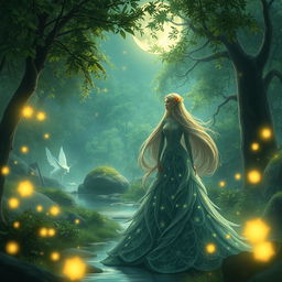 A fantasy scene featuring a mystical forest with glowing plants and ethereal creatures, bathed in a moonlit glow