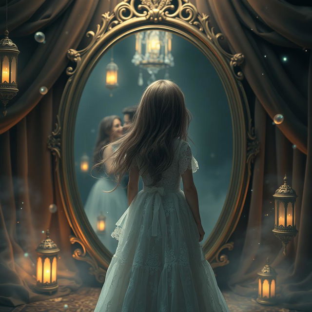 A captivating fantasy scene featuring a large ornate mirror reflecting a girl with flowing hair, standing with her back to the viewer