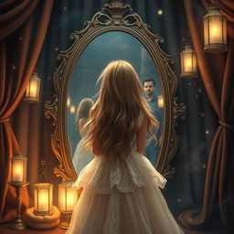 A captivating fantasy scene featuring a large ornate mirror reflecting a girl with flowing hair, standing with her back to the viewer