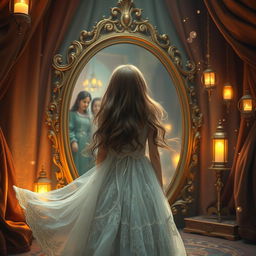 A captivating fantasy scene featuring a large ornate mirror reflecting a girl with flowing hair, standing with her back to the viewer