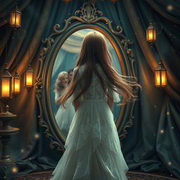 A captivating fantasy scene featuring a large ornate mirror reflecting a girl with flowing hair, standing with her back to the viewer