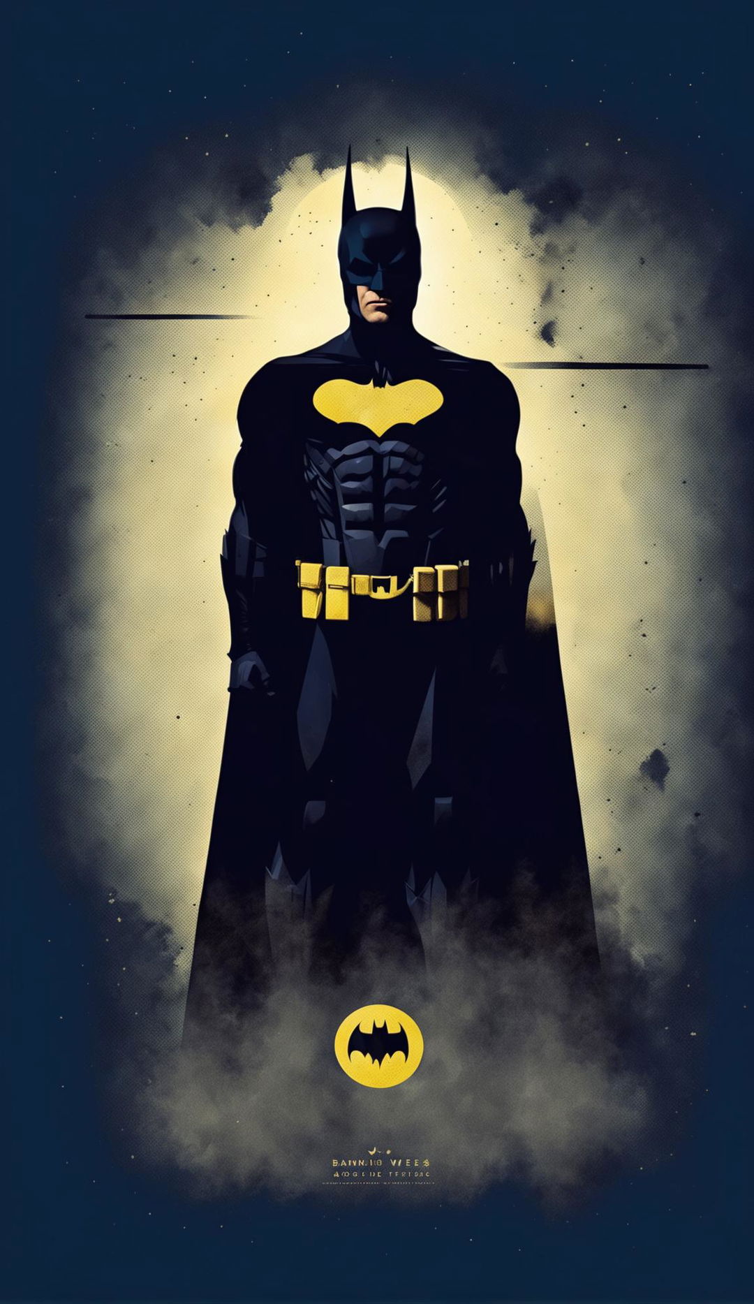 Vintage Batman poster in minimalist and abstract style with a silhouette of Batman, Bat-Signal, and Batman logo against a muted gradient background reminiscent of Wes Anderson's color palette