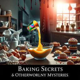 A beautifully arranged table filled with an assortment of baking ingredients and baked goods, such as flour, sugar, eggs, and cakes