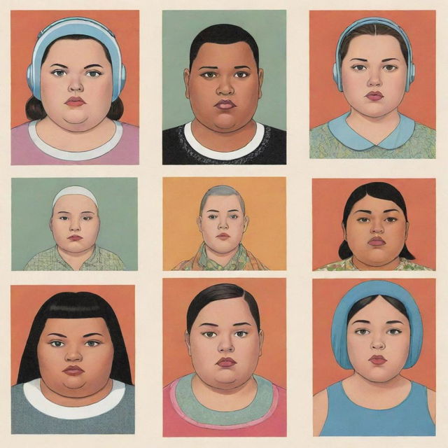 Generate three individual portraits of obese, mixed-race robot girls, drawn in the style of Daniel Clowes