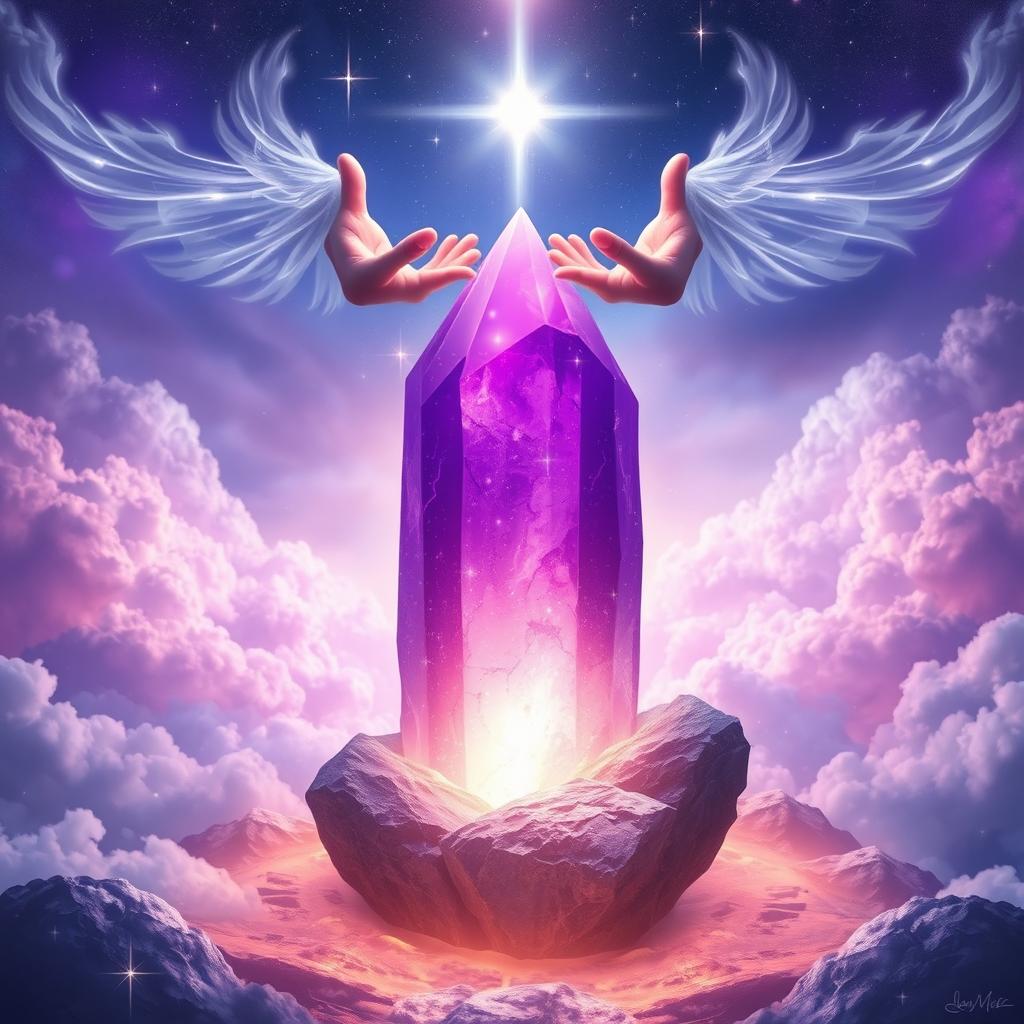 A magical fantasy scene featuring a large, beautiful purple crystal stone that glows with an ethereal light