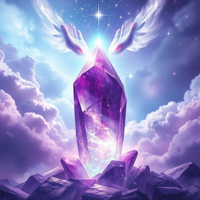 A magical fantasy scene featuring a large, beautiful purple crystal stone that glows with an ethereal light