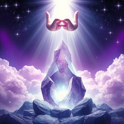 A magical fantasy scene featuring a large, beautiful purple crystal stone that glows with an ethereal light