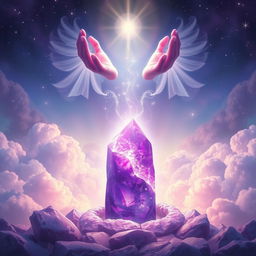 A magical fantasy scene featuring a large, beautiful purple crystal stone that glows with an ethereal light