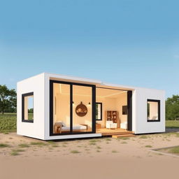 A conceptual design of a foldable home catering to four people, made up of two efficient modules, each measuring 60 cm in width, 400 cm in length, and standing 210 cm high
