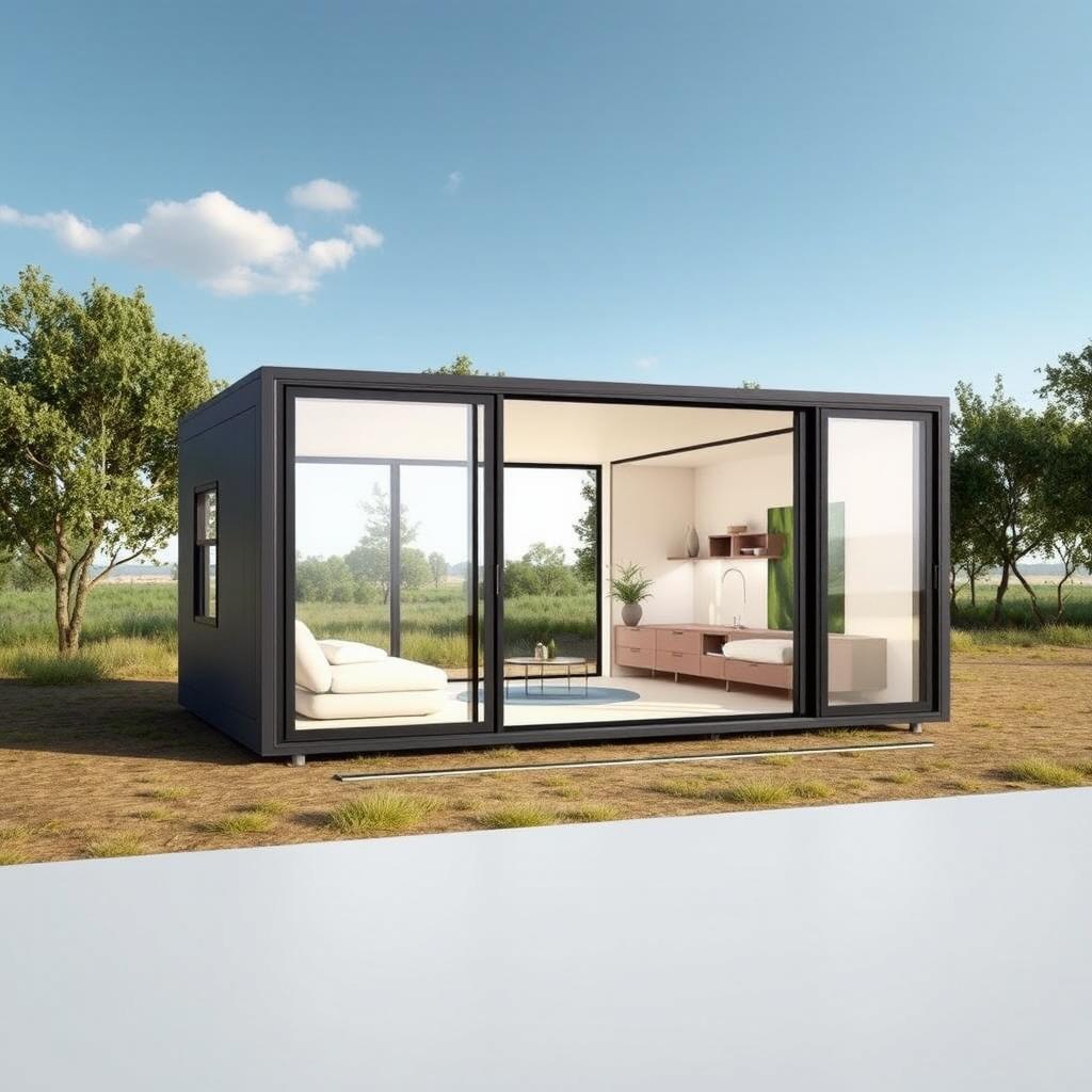 A conceptual design of a foldable home catering to four people, made up of two efficient modules, each measuring 60 cm in width, 400 cm in length, and standing 210 cm high