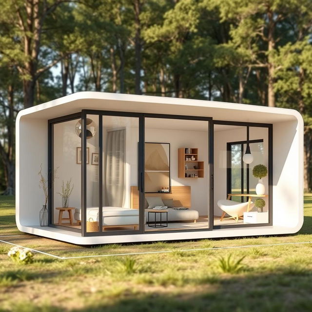 A conceptual design of a foldable home catering to four people, made up of two efficient modules, each measuring 60 cm in width, 400 cm in length, and standing 210 cm high