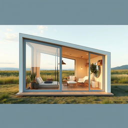A conceptual design of a foldable home catering to four people, made up of two efficient modules, each measuring 60 cm in width, 400 cm in length, and standing 210 cm high
