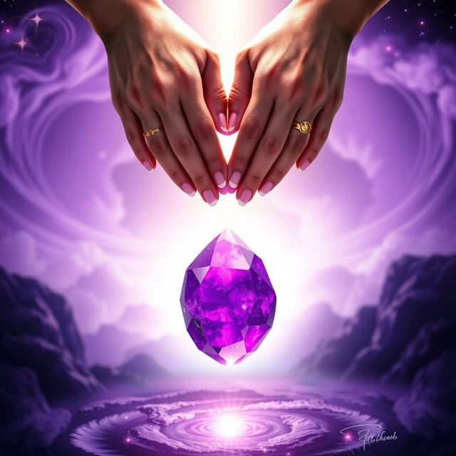 A mystical fantasy scene featuring a vibrant purple stone at the center, surrounded by a soft glowing aura