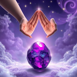 A mystical fantasy scene featuring a vibrant purple stone at the center, surrounded by a soft glowing aura