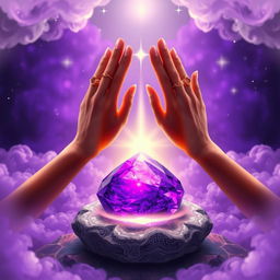 A mystical fantasy scene featuring a vibrant purple stone at the center, surrounded by a soft glowing aura