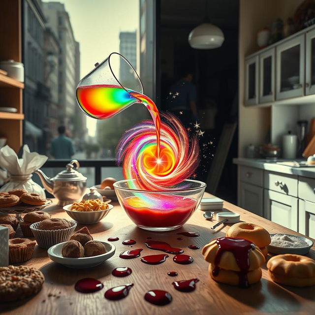 A table covered with baking ingredients and a variety of baked goods scattered around