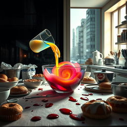A table covered with baking ingredients and a variety of baked goods scattered around