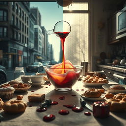 A table covered with baking ingredients and a variety of baked goods scattered around