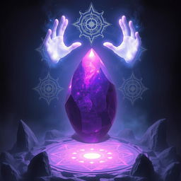 A stunning fantasy scene featuring a large, luminous purple stone at the center, surrounded by intricate mystical designs
