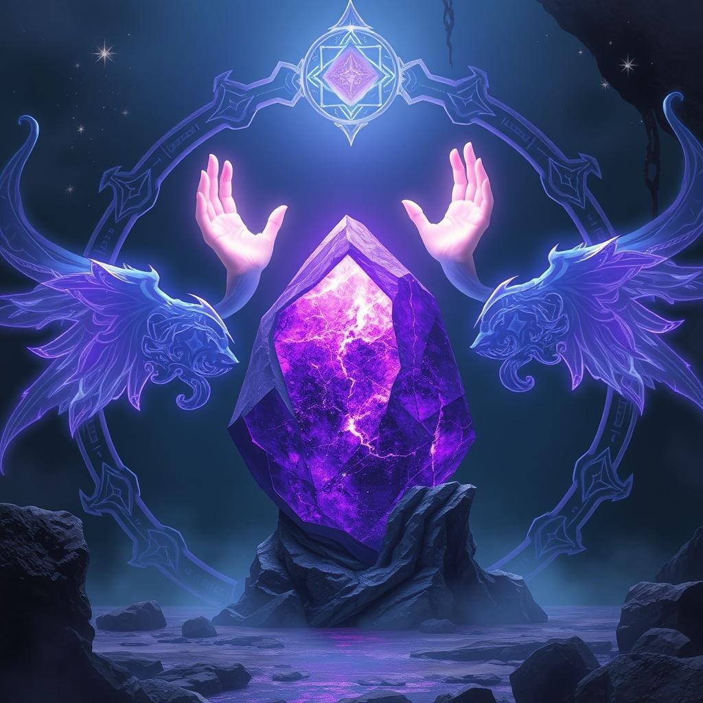 A stunning fantasy scene featuring a large, luminous purple stone at the center, surrounded by intricate mystical designs