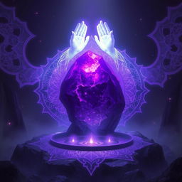 A stunning fantasy scene featuring a large, luminous purple stone at the center, surrounded by intricate mystical designs