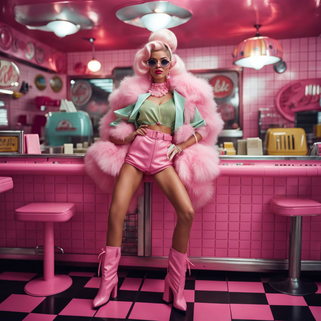 A different model in a unique Barbie-inspired outfit, set against a vintage backdrop with a pink aesthetic