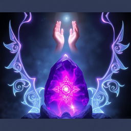 A stunning fantasy scene featuring a large, luminous purple stone at the center, surrounded by intricate mystical designs