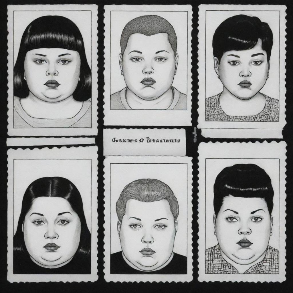 Create three individual portraits of obese, mixed-race robot girls, drawn with distinct lines in the noir style of Charles Burns