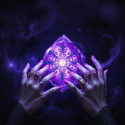 A mystical fantasy scene featuring an intricately designed purple stone glowing softly in the center