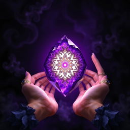 A mystical fantasy scene featuring an intricately designed purple stone glowing softly in the center