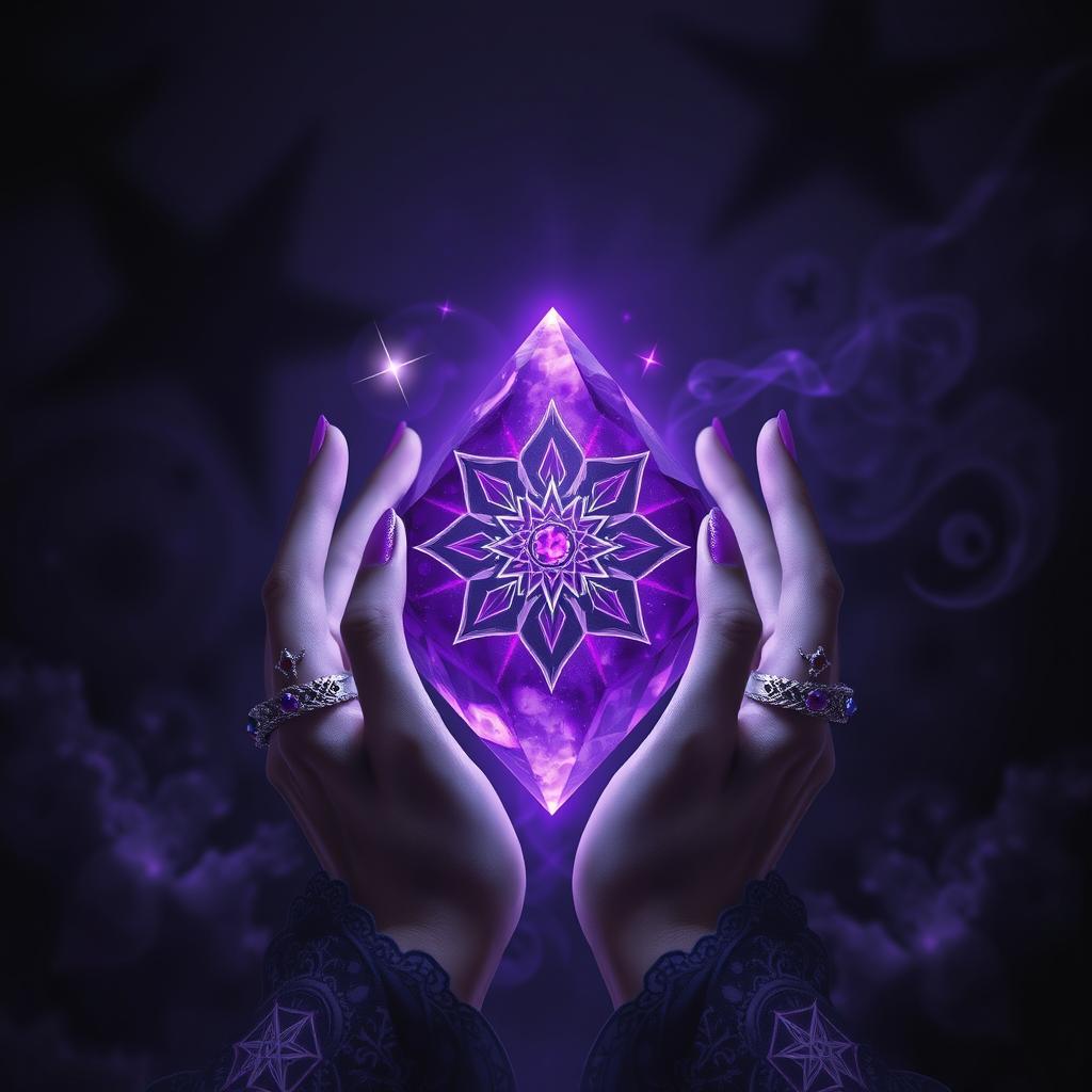 A mystical fantasy scene featuring an intricately designed purple stone glowing softly in the center