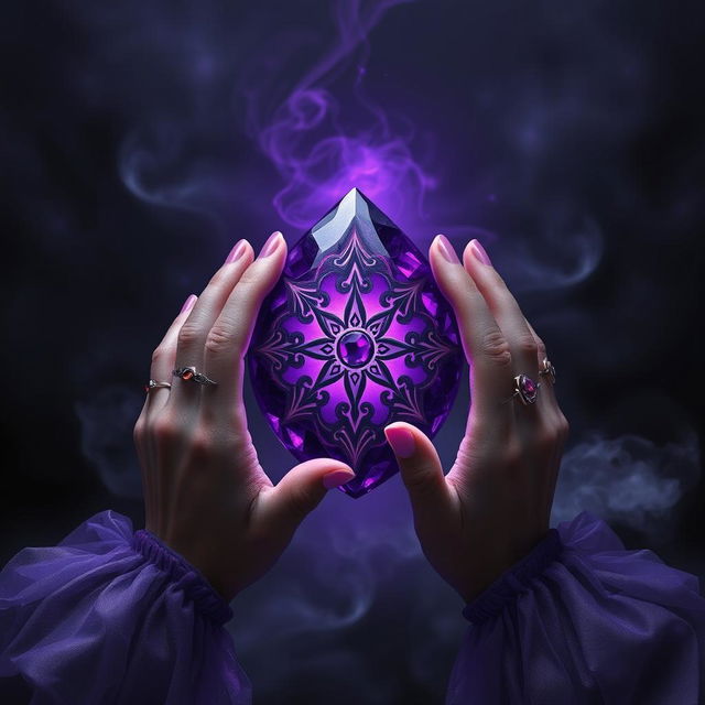 A mystical fantasy scene featuring an intricately designed purple stone glowing softly in the center