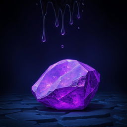 A mystical fantasy scene featuring a large, shimmering purple stone, set against a deep, dark background that adds an air of mystery